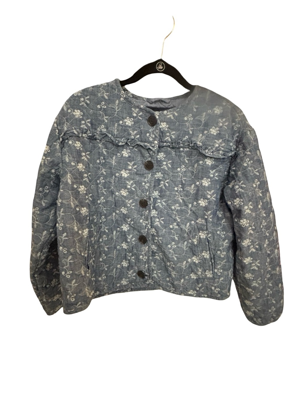 Quilted Floral Button-Front Cottagecore Chambray Embroidered Jacket Size 8-10